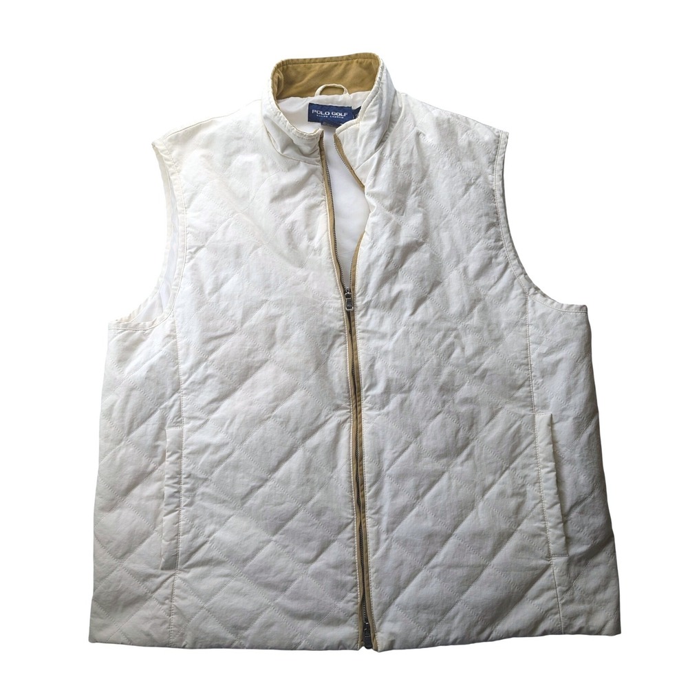 Polo Golf Ralph Lauren Quilted Vest Cream Tan Leather Trim Womens XL Zip Up